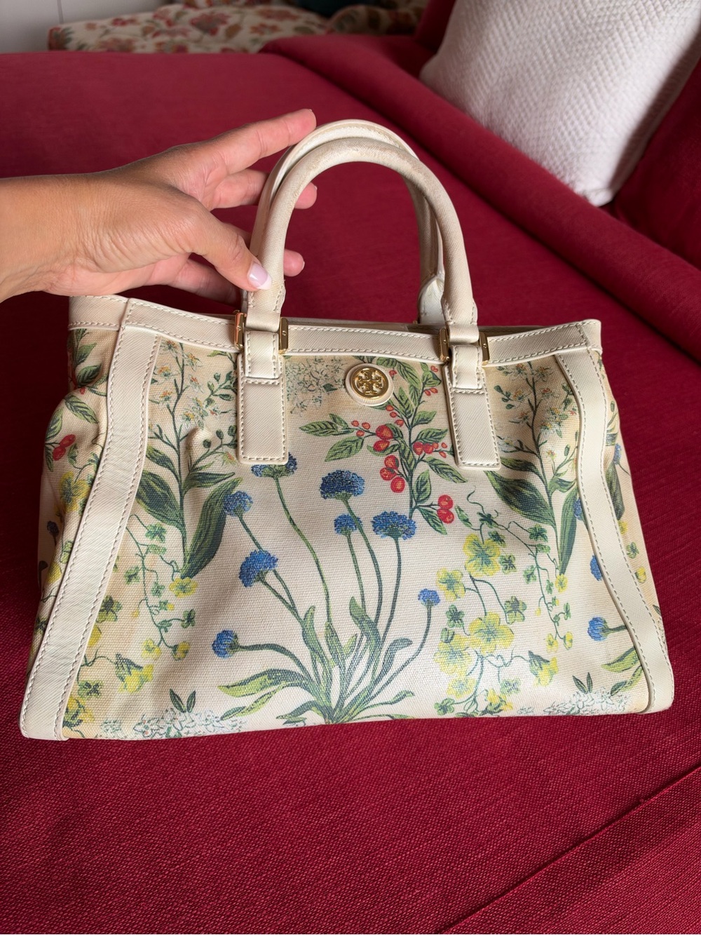 Tory Burch Cream Floral Coated Canvas Satchel with white leather and Gold Logo